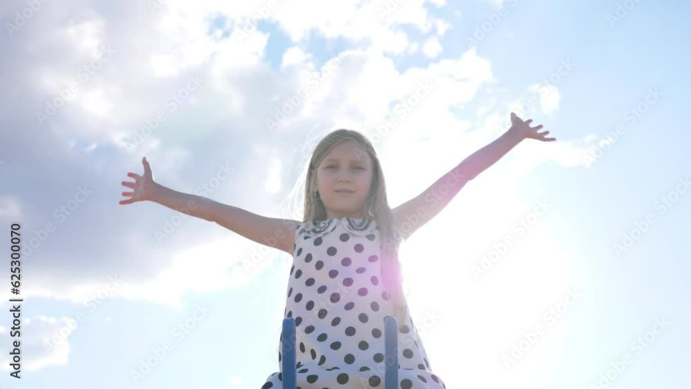 Beautiful little girl on the background of the sun in summer 4k Beautiful little girl on the background of the sun in summer 4k