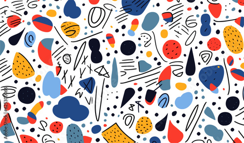 Fun colorful line doodle seamless pattern. Creative minimalist style art background for children or trendy design with basic shapes. Simple childish scribble backdrop, seamless pattern