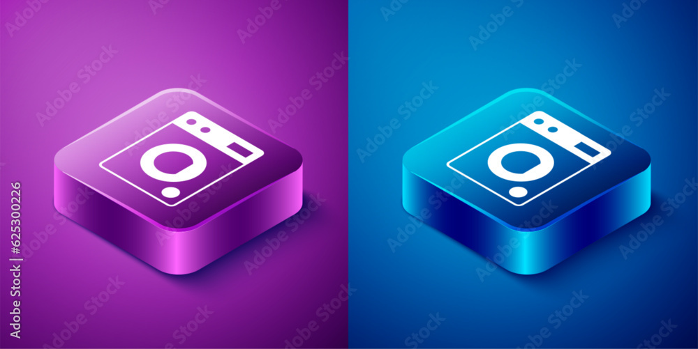 Fototapeta premium Isometric Washer icon isolated on blue and purple background. Washing machine icon. Clothes washer - laundry machine. Home appliance symbol. Square button. Vector
