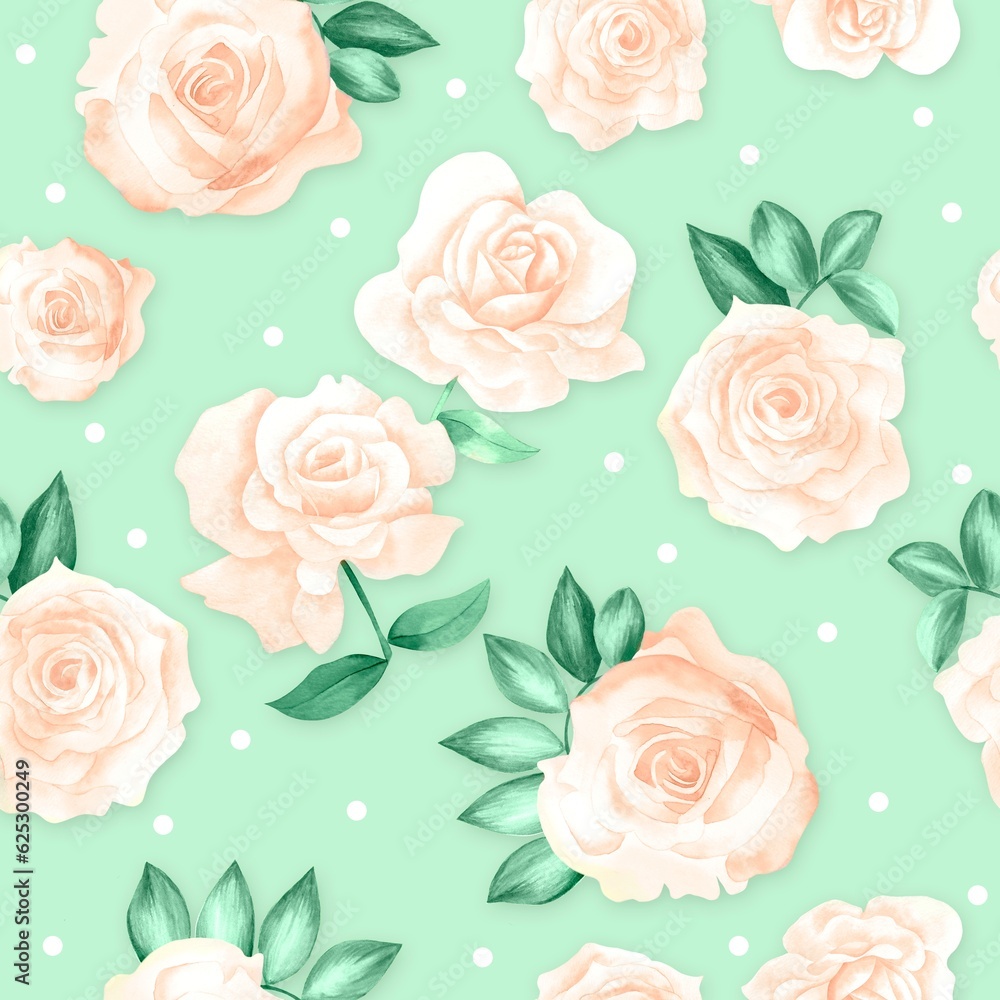 Watercolor flowers pattern, white roses, green leaves, green background, polka dot, seamless