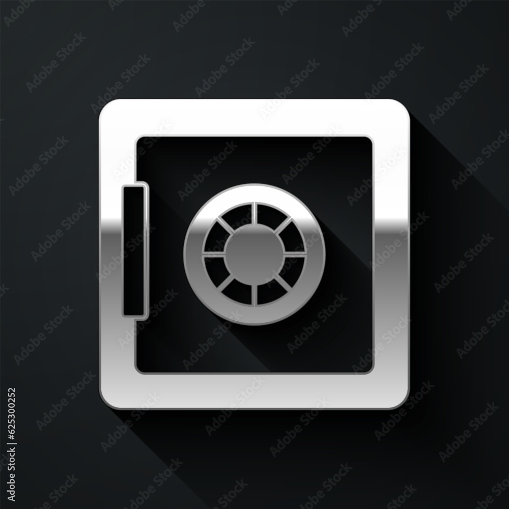 Silver Safe icon isolated on black background. The door safe a bank vault with a combination lock. Reliable Data Protection. Long shadow style. Vector Silver Safe icon isolated on black background. The door safe a bank vault with a combination lock. Reliable Data Protection. Long shadow style. Vector