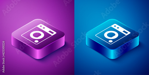 Isometric Washer icon isolated on blue and purple background. Washing machine icon. Clothes washer - laundry machine. Home appliance symbol. Square button. Vector