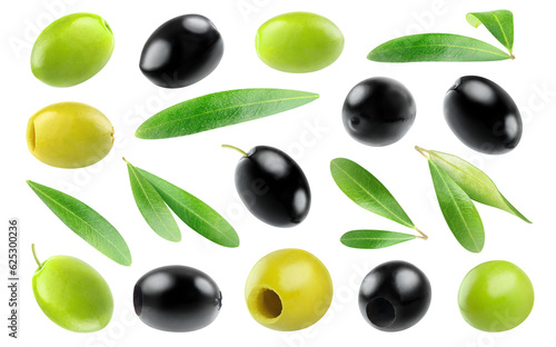 Fototapeta Collection of green and black olive fruits and olive leaves cut out