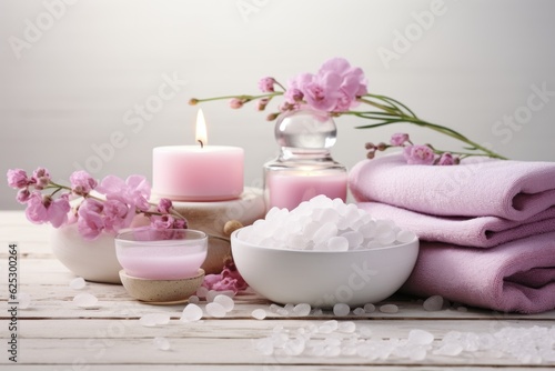 Beauty treatment items for spa procedures on white wooden table. AI generated