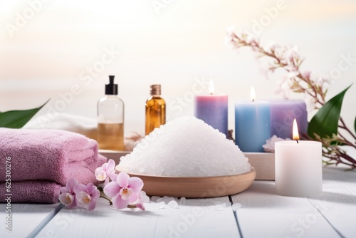 Beauty treatment items for spa procedures on white wooden table. AI generated