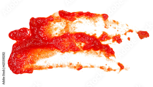 Tomato paste with pieces of vegetables, organic pure texture smeared, isolated on white, top view   photo