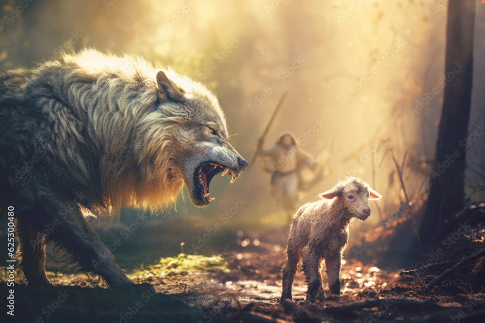 Jesus running towards wolf and lamb Stock Photo | Adobe Stock