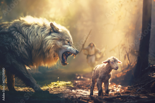 Vászonkép Jesus running towards wolf and lamb