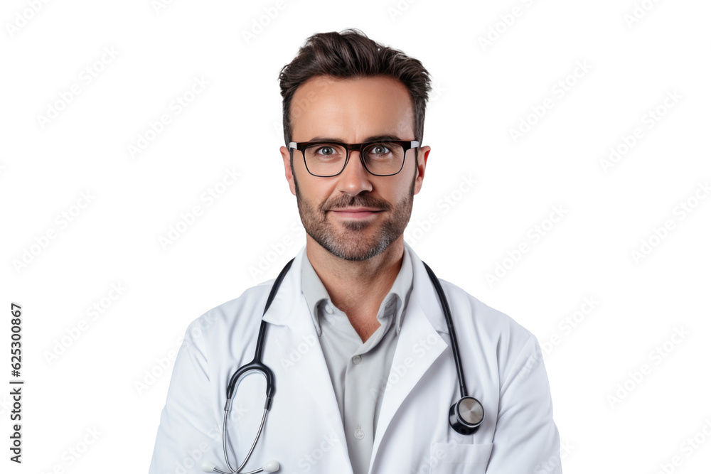 Friendly Young Doctor Man with Stethoscope in Medical Uniform and Eyeglasses - Portrait on Transparent Background PNG File for Healthcare Designs - Generative AI Friendly Young Doctor Man with Stethoscope in Medical Uniform and Eyeglasses - Portrait on Transparent Background PNG File for Healthcare Designs - Generative AI