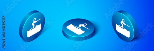 Isometric Water skiing man icon isolated on blue background. Blue circle button. Vector