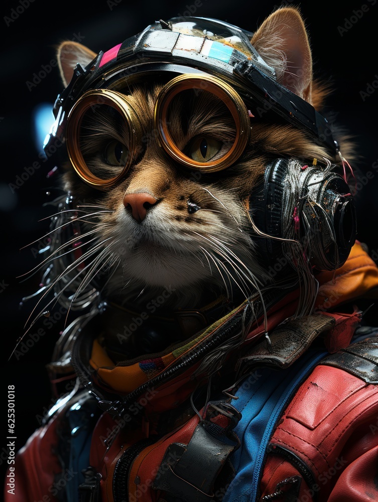 Imagine uma gato pilotando uma citycoco, estilo cyberpunk, cores fortes ...