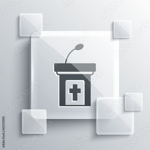 Grey Church sermon tribune icon isolated on grey background. The podium of the preacher in the church. Square glass panels. Vector