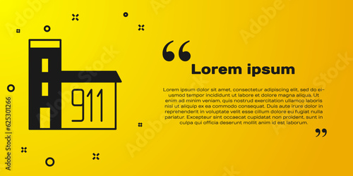 Black Building of fire station icon isolated on yellow background. Fire department building. Vector