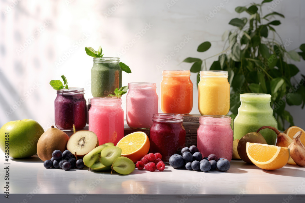 Various smoothy in jars and fresh fruits. AI generated Various smoothy in jars and fresh fruits. AI generated