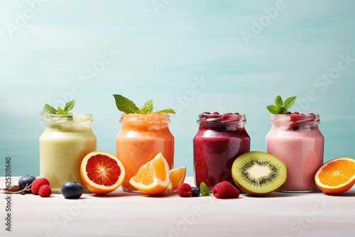 Various smoothy in jars and fresh fruits. AI generated