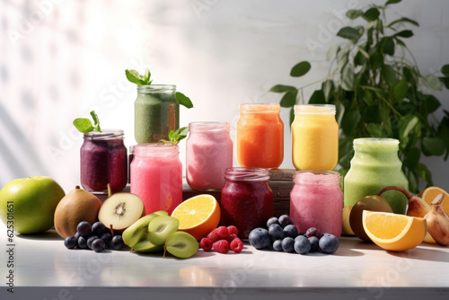 Various smoothy in jars and fresh fruits. AI generated