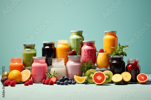 Various smoothy in jars and fresh fruits. AI generated