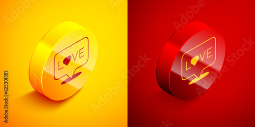 Isometric Love text icon isolated on orange and red background. Valentines day greeting card template. Circle button. Vector