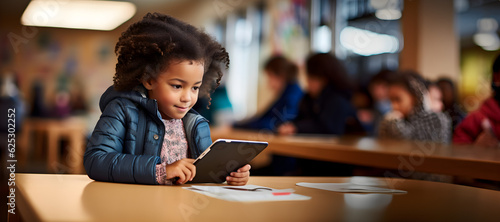 Education in the Digital Age: Young Black Girl Using iPad in Classroom - Copy Space