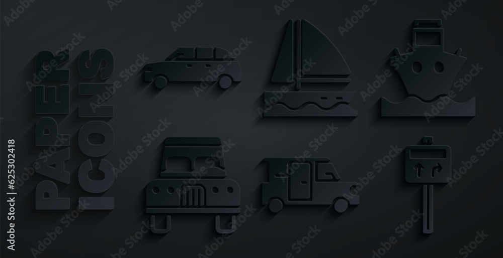 Set Minibus, Cargo ship, Road traffic signpost, Yacht sailboat and Hatchback car icon. Vector Set Minibus, Cargo ship, Road traffic signpost, Yacht sailboat and Hatchback car icon. Vector