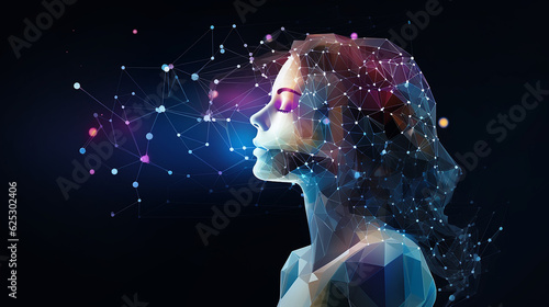Holograma de mulher feito de polígonos, triângulos de pontos e linhas. O ícone de uma estrutura composta de baixo poli. vetor de conceito de tecnologia