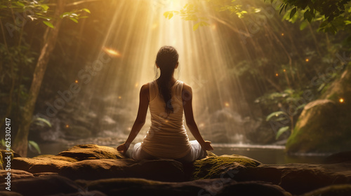 Mulher praticando ioga em uma floresta exuberante, ela mergulha no ambiente sereno como raios de ouro