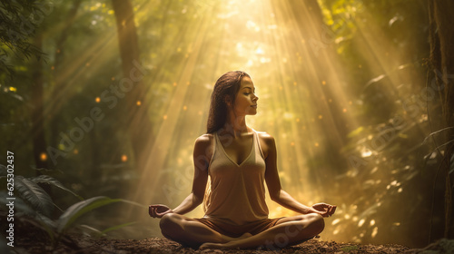  Mulher praticando ioga em uma floresta exuberante, ela mergulha no ambiente sereno como raios de ouro