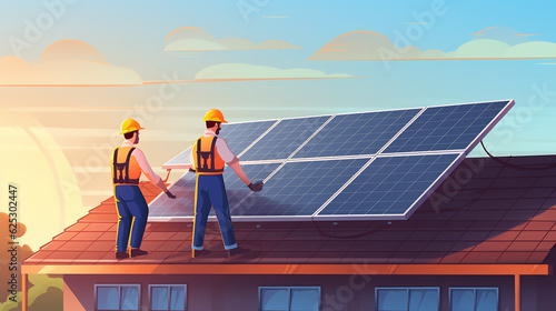 Trabalhadores construindo sistema de painel solar no telhado da casa. Técnicos de homens em capacetes carregando módulo solar fotovoltaico ao ar livre. Conceito de energia alternativa e renovável