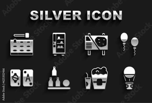 Set Bottles ball, Balloons, Hot air balloon, Popcorn in box and glass, Tarot cards, Amusement park billboard, Arcade game machine and Vending icon. Vector