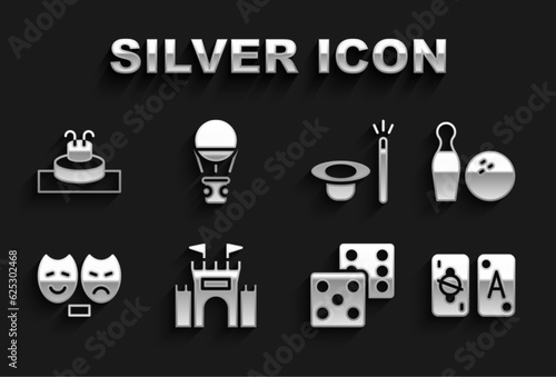 Set Castle, Bowling pin and ball, Tarot cards, Game dice, Comedy tragedy masks, Magic hat wand, Fountain and Hot air balloon icon. Vector