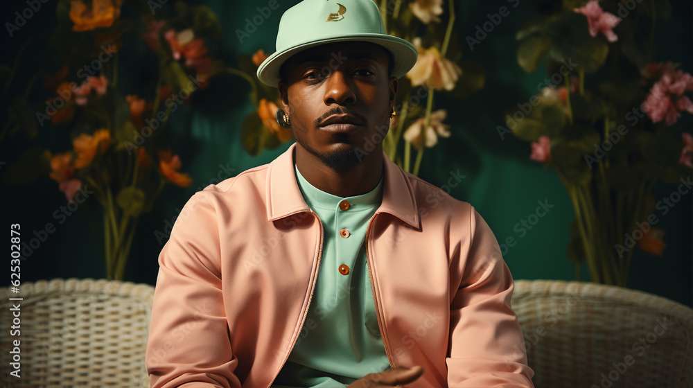 African American man on floral background photoshoot wearing a hat on colorful background uplighting set lighting black man professional photography