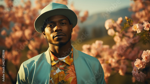 African American man on floral background photoshoot wearing a hat on colorful background uplighting set lighting black man professional photography photo