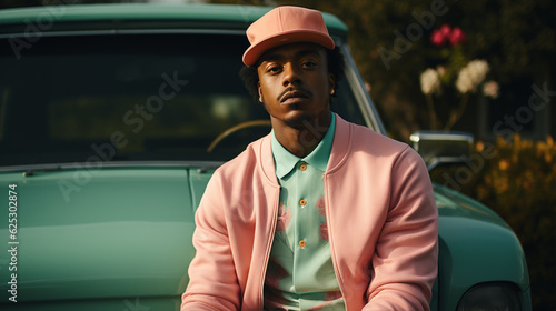 African American man sitting on car photoshoot wearing a hat on colorful background uplighting set lighting black man professional swag © Justin