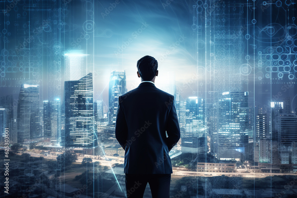 Business man on future network city, businessman concept. Generative AI. Business man on future network city, businessman concept. Generative AI.