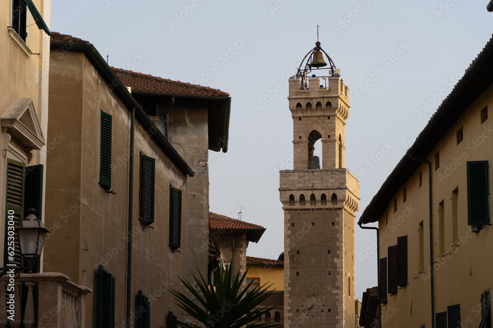 Piombino, province of Livorno - 18 June 2023. View of the The city hall tower and ancient city