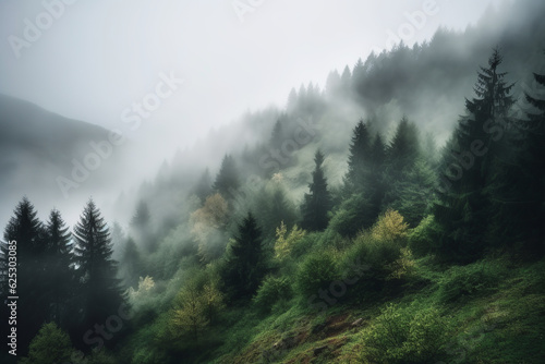 Foggy forest in the mountains. Generative AI.