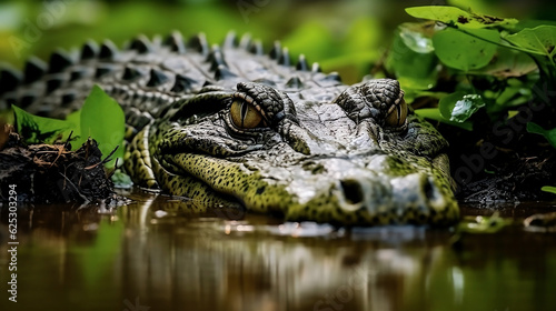 Close up of a crocodile hiding preying in the river - Generative AI