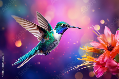 Hummingbird flying to pick up nectar from a beautiful flower. © Katynn