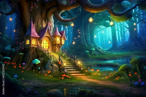Fantasy fairy tale background. Fantasy enchanted forest with magical luminous plants, built ancient mighty trees covered with moss, with beautiful houses, butterflies and fireflies fly in the air.