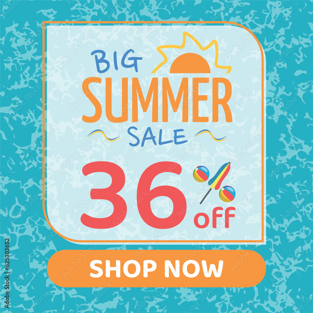 Big Summer Sale 36% off, Orange and Blue, Beach Balls and Beach Umbrella form the Percentage Symbol, Pool Water Background, Shop Now
