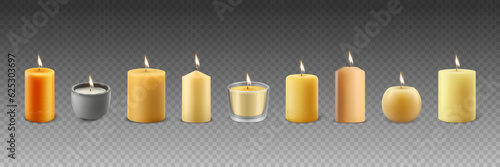 Vector 3d Realistic Different Paraffin Wax Burning Party, Spa Candles Set with Flame of a Candle, Isolated. Candle Design Template Collection, Front View