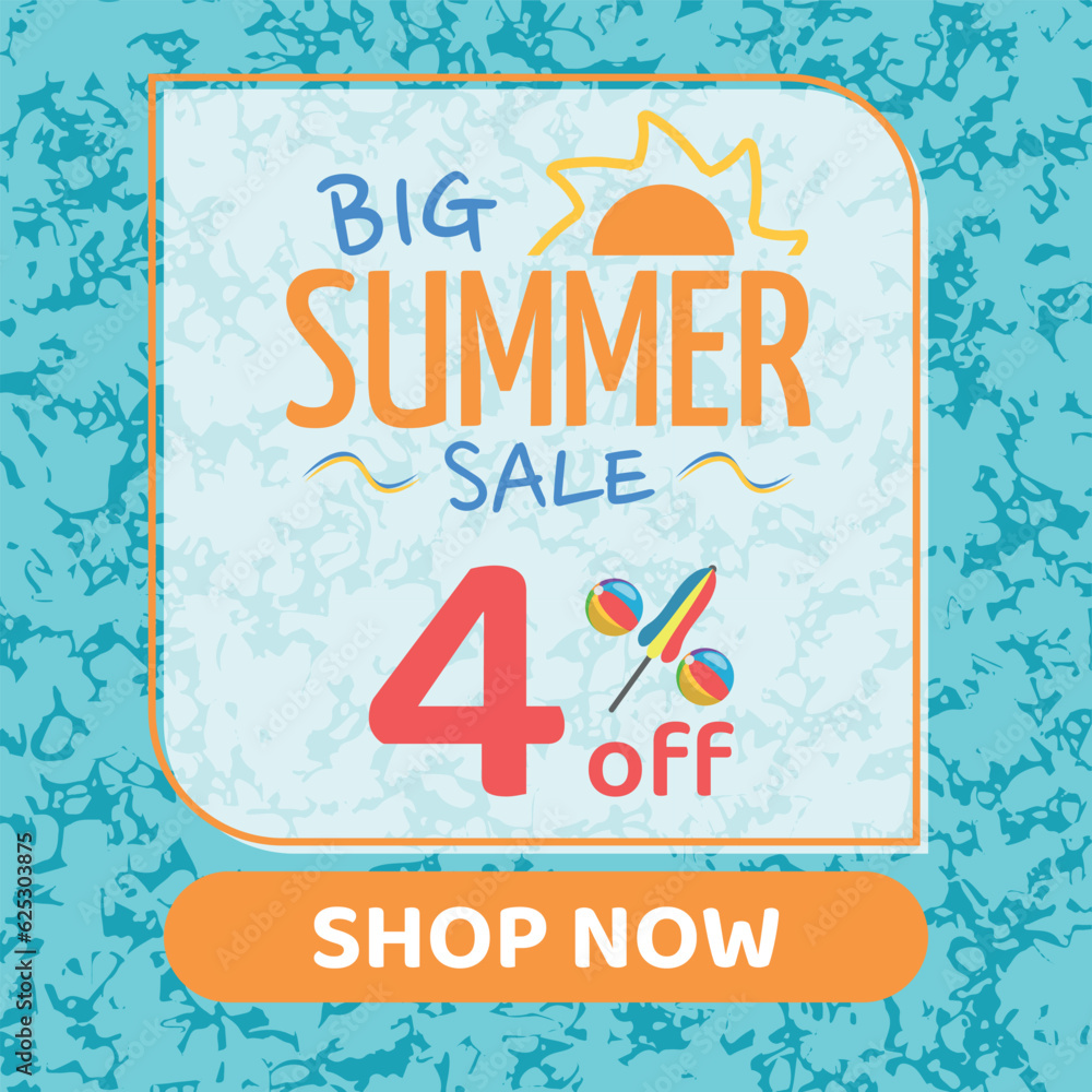Big Summer Sale 4% off, Orange and Blue, Beach Balls and Beach Umbrella form the Percentage Symbol, Pool Water Background, Shop Now
