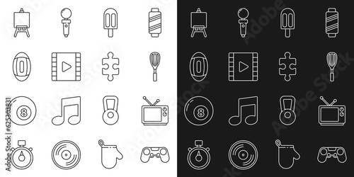 Set line Gamepad, Retro tv, Kitchen whisk, Ice cream, Play Video, American Football ball, Easel or painting art boards and Piece of puzzle icon. Vector