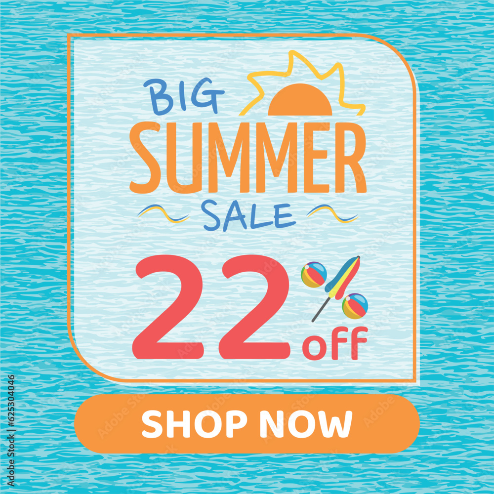 Fototapeta premium Big Summer Sale 22% off, Orange and Blue, Beach Balls and Beach Umbrella form the Percentage Symbol, Pool Water Background, Shop Now