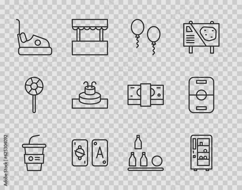Set line Paper glass with water, Vending machine, Balloons, Tarot cards, Bumper, Fountain, Bottles ball and Hockey table icon. Vector