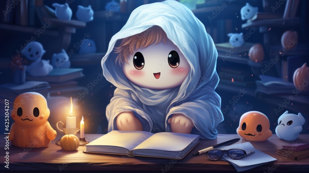 Obraz premium Cute ghost, studying