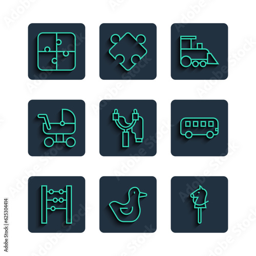 Set line Abacus, Rubber duck, Toy horse, train, Slingshot, Baby stroller, Puzzle pieces toy and Bus icon. Vector