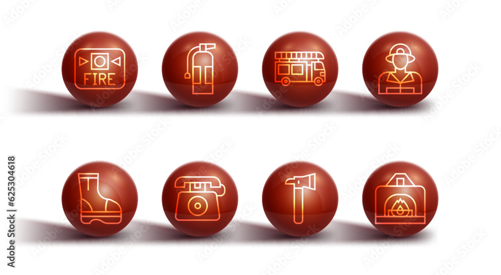 Set line Fire alarm system, boots, Firefighter, axe, Telephone call 911, extinguisher, Interior fireplace and truck icon. Vector Set line Fire alarm system, boots, Firefighter, axe, Telephone call 911, extinguisher, Interior fireplace and truck icon. Vector