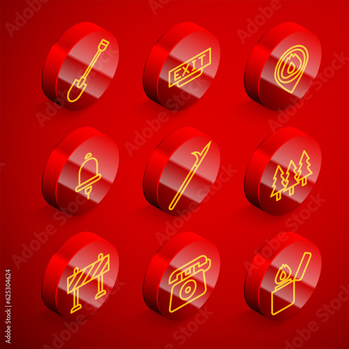 Set line Fire shovel, exit, Location with fire flame, Ringing alarm bell, Metal pike pole, Forest, Road barrier and Telephone call 911 icon. Vector