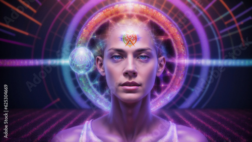 closeup of young woman face emitting metal power electromagnetic spiritual energy with magical symbols, blue violet field, generative AI